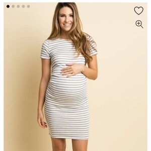 Pinkblush PinkBlush Ivory Grey Striped Fitted Short Sleeve Maternity Dress